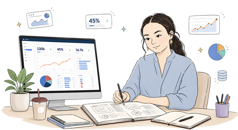 Produktleder ved skrivebord med dashboard og grafer