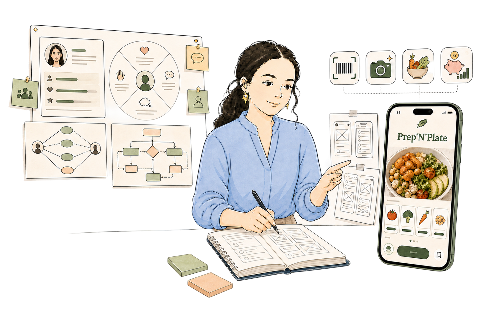 Prosjektleder med personas, flyter, wireframes og Prep'N'Plate-appen
