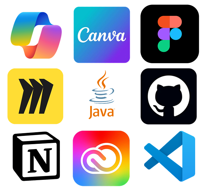 Claude og Copilot, Canva, Figma, Miro, Java, GitHub, Notion, Adobe Creative Cloud, VS Code